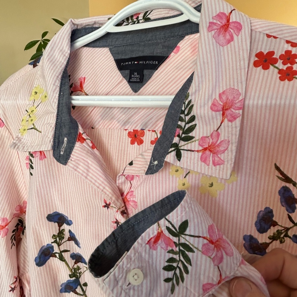 Tommy Hilfiger Ladies Pink Striped and Floral Button Down Shirt